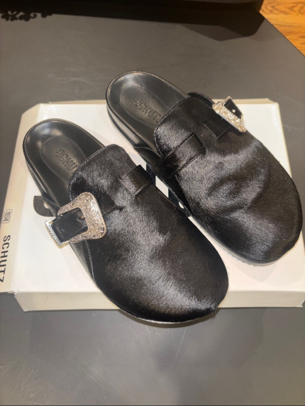 SCHUTZ Black Slip-On Mules with Embellished Buckle